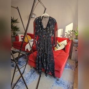 Maje remix georgette sheer dress with slip stars floral long sleeve size 2 black